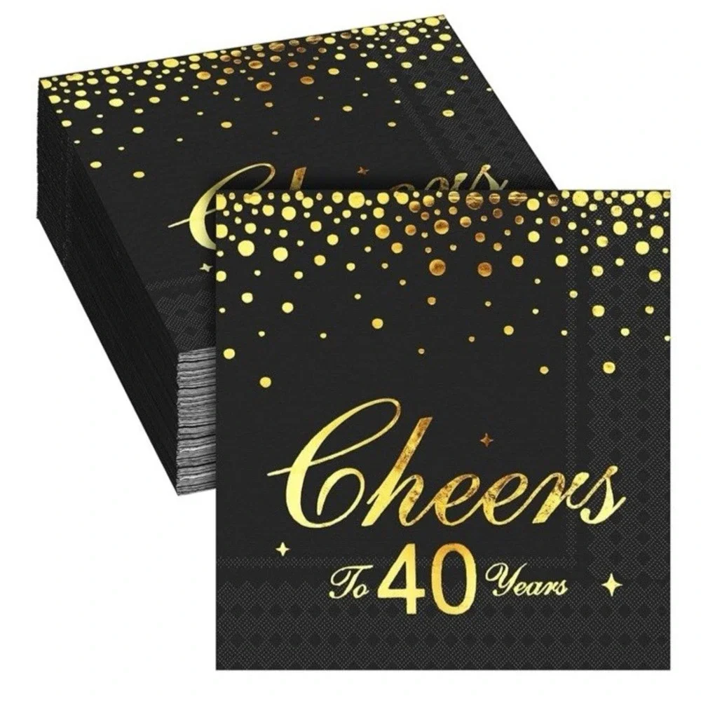 40th Birthday‎ Napkins 60 Pack 5 x 5 Black & Gold Foil Cake Food Cheers 40 Years